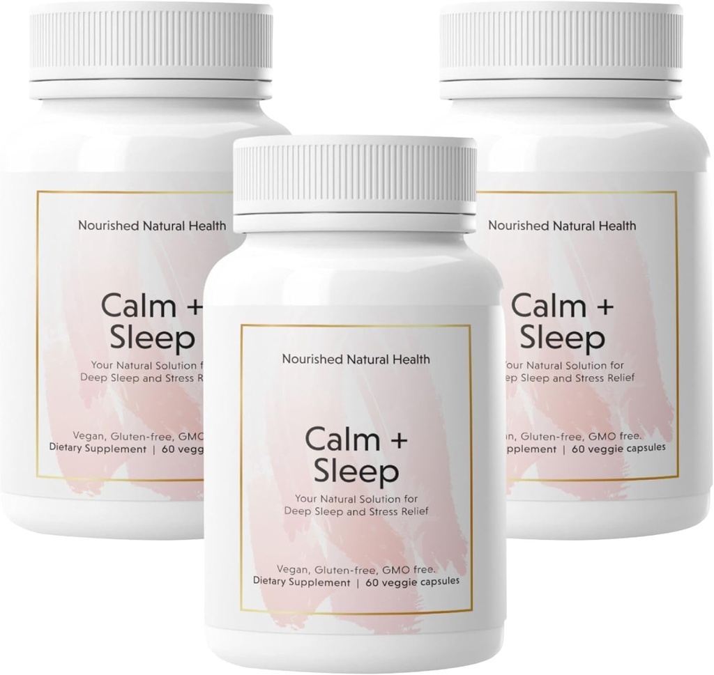 Natural Nourished - Calm + Sleep Capsule per il riposo profondo & Relax con Ashwagandha, Camomilla, Tart Cherry Extract, Passionflower, L-theanine, & Magnesio - 180 Capsule