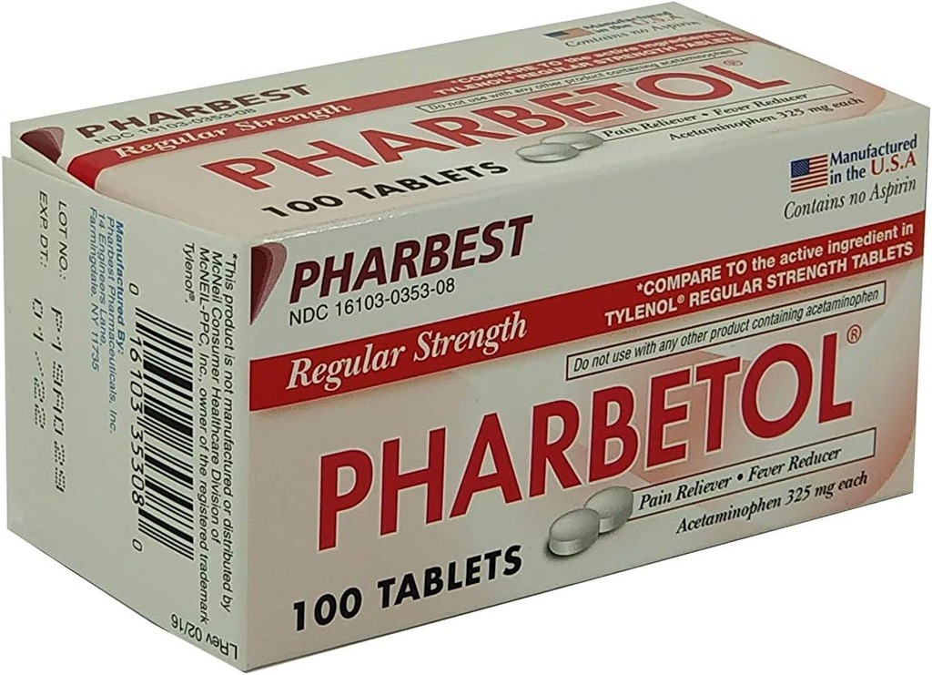 Pharbetol Acetaminophen 325mg Regolare resistenza, dolore Reliever, Fever Riduttore Tablet,100 Conte (Pacchetto di 1)