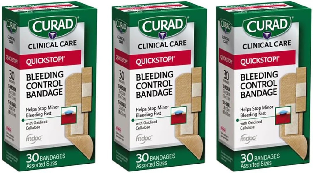 Curad Quickstop Flex-Fabric Bandages, Quickstop Bleeding Control Technology, sortierte Größen, 30 Zähler (Pack von 3)