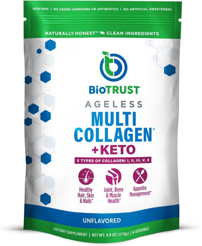BioTrust Multi Collagen Protein Powder + Keto MCT olio – 5 tipi (I, II, III, V, X) & 100% acido caprilico C8 - Supporto Elevato chetoni, Metabolismo, Giunti & Bellezza Tutti in 1 Collagen Powder (Unflavored)