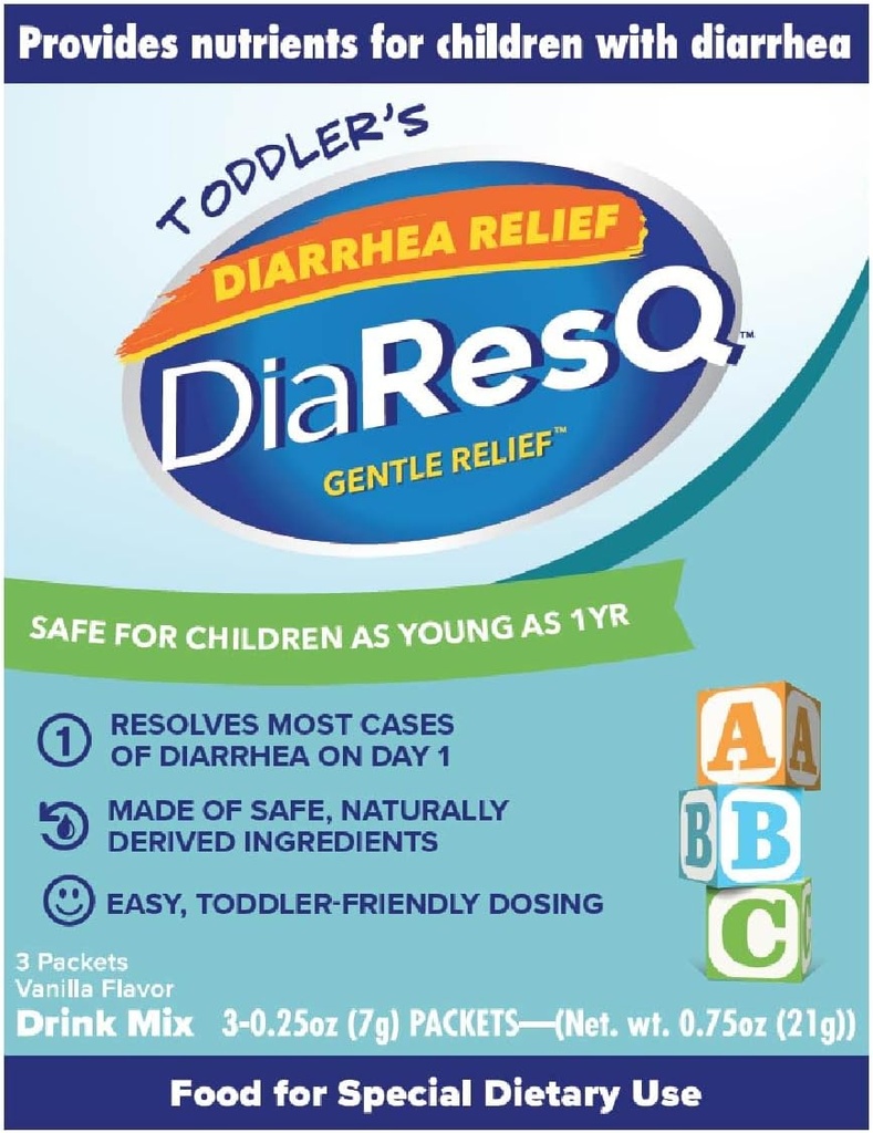 DiaResQ Durchfall & Immununterstützung Colostrum Drink Mix für Kleinkinder (1+ Jahre) Pack von 3, Sanftes Relief, hilft Wiederherstellen normaler Darmfunktion, Antibiotikum & Drug-Free, Glutenfrei, Vanille Flavor