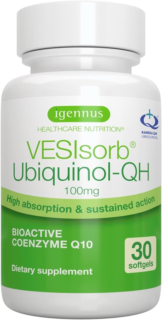 Igennus Advanced VESIsorb Ubiquinol 100mg 30 Softgels, 600% Biodisponibilità, Coenzima Q10 ad azione rapida per l'energia e il cuore, Alimentazione 1-mese