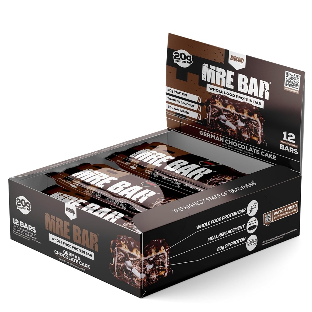 REDCON1 MRE Protein Bar, Deutscher Schokoladenkuchen - Enthält MCT Oil + 20g Ganzes Lebensmittelprotein - leicht digestible, Macro Balanced Low Sugar Meal Ersatz Bar (12 Bars)