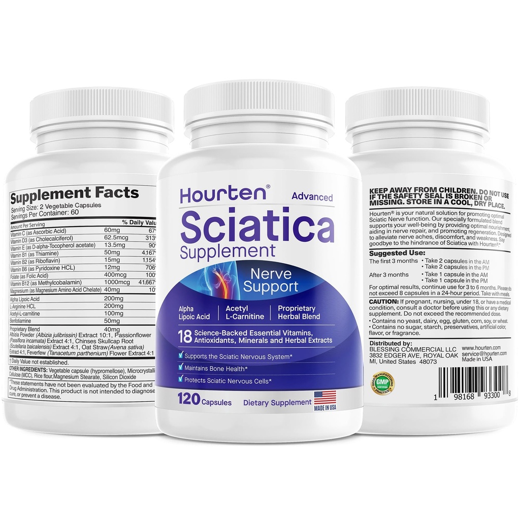Sciatique avancée Nerve Support Relief: Alpha Lipoic Acid - 18 en 1 Sciatique Suppléments - Complexe Vitamine B - Fabriqué aux États-Unis (120 Compte (Paquet de 1))