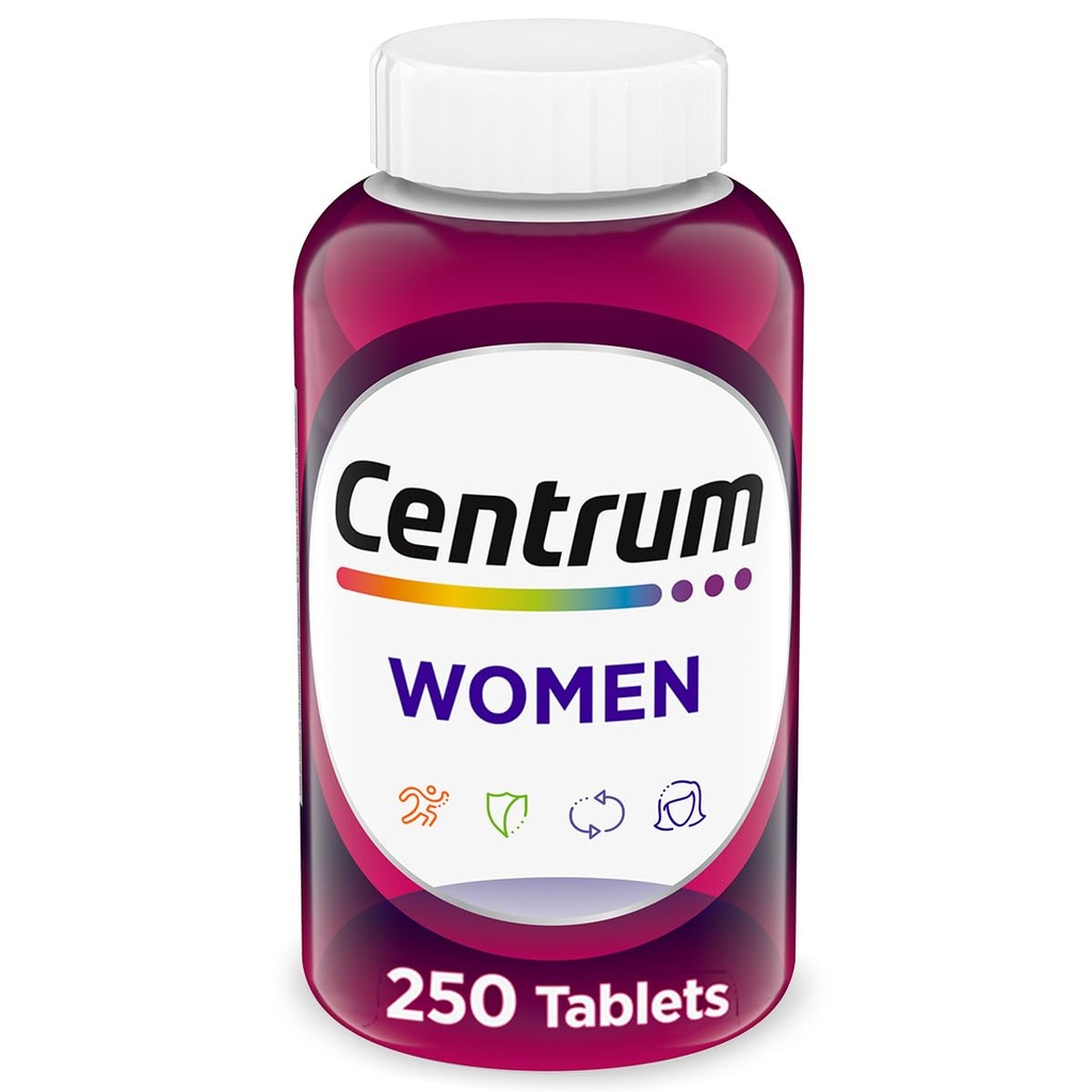 Multivitamine centrum pour les femmes, supplément multiminérale avec fer, vitamine D3, vitamine B et vitamines antioxydantes C et E, sans gluten, ingrédients non OGM - 250 Compte