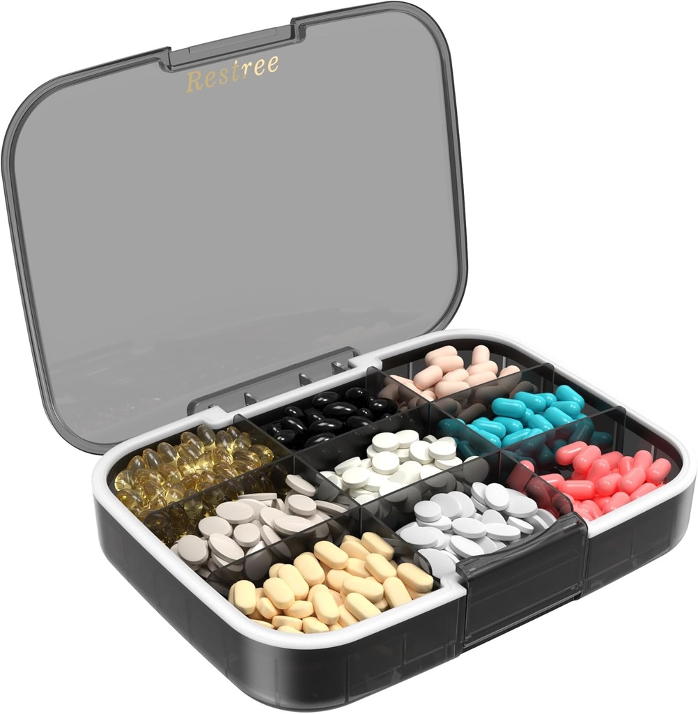 Restree Large Pill Organizer, Hydraure Proof & Waterproof Travel Pill Case, Portable Medicament Box with Ajustable Dividers for Vitamines Suppléments Huile de poisson et pilules quotidiennes 9 Compartiments (Noir)
