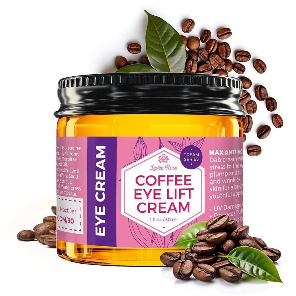 Leven Rose Lifting crème pour les yeux de café avec caféine 1 oz - Solution naturelle pour les cernes sombres et le puffiness - traitement anti-âge sous les yeux raffermissant