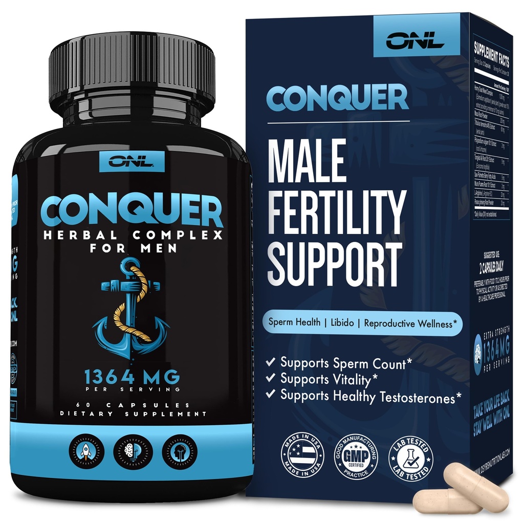 Conquer Mens Fertility Supplement - Testosteron Booster für Männer w/ Maca Root, Horny Goat Weed & Tribulus Terrestris - Male Fertility Supplement - Libido Booster für Männer - Male Enhancement Pills -60Ct
