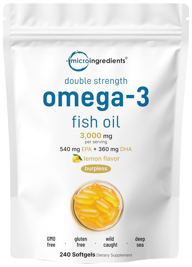 Micro Ingredients Omega 3 Fischöl Ergänzungen 3.000mg pro Servierung, 240 Softgels | Lemon Flavored – Burpless | EPA 540mg + DHA 360mg | Tiefseefisch