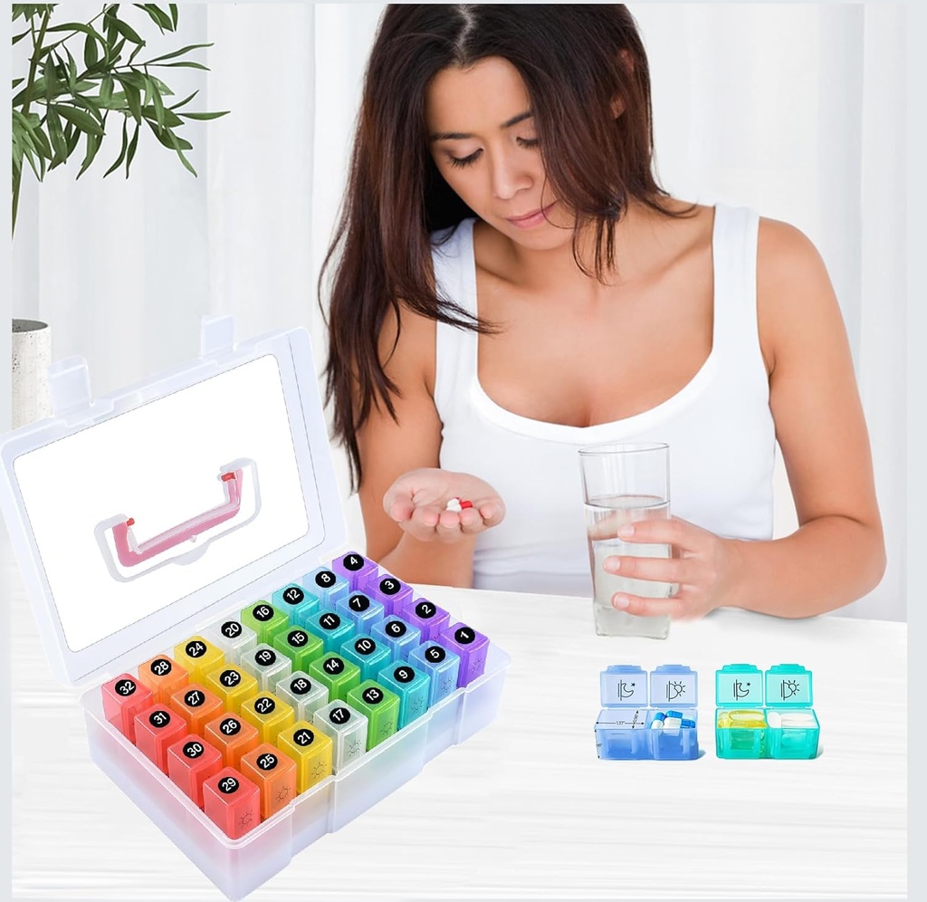 Monthly Pill Organizer 2 Times a Day, 30 Day Pill Organizer with 32 Daily Pill Box and Travel Case, for Medicine, Vitamin, Fish Oil, Supplements Comfortable Handle,BPA-Free.(Clear)