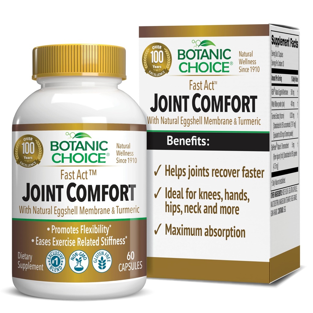 Botanische Wahl Fast Act Joint Comfort mit NEM Natural Eggshell Membrane, Turmeric Curcumin, Bioperine, & White Willow Bark, Unterstützt Joint Health, 60 500mg Kapseln