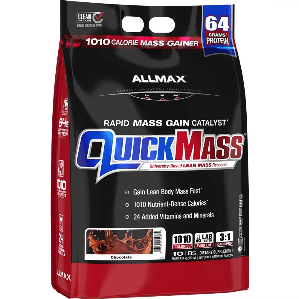 ALLMAX QUICKMASS, Schokolade - 10 lb - Rapid Maß Gain Catalyst - Bis zu 64 Gramm Protein pro Servierung - 3:1 Carb to Protein Ratio - Zero Trans Fat - Bis zu 70 Portionen