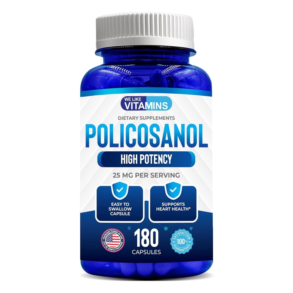 Nous aimons les vitamines Policosanol 25mg - 180 Capsules - Supplément Policosanol à partir de canne à sucre naturelle - Non-OGM et sans gluten