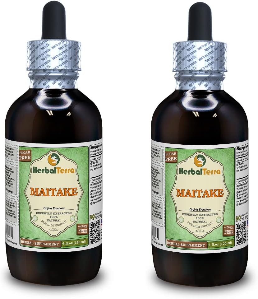 Maitake (Grifola Frondosa) Glycerite, Organic Dried Mushroom Alcohol-Free Liquid Extract (Markenname: HerbalTerra, Proudly Made in USA) 2x4 fl.oz (2x120 ml)