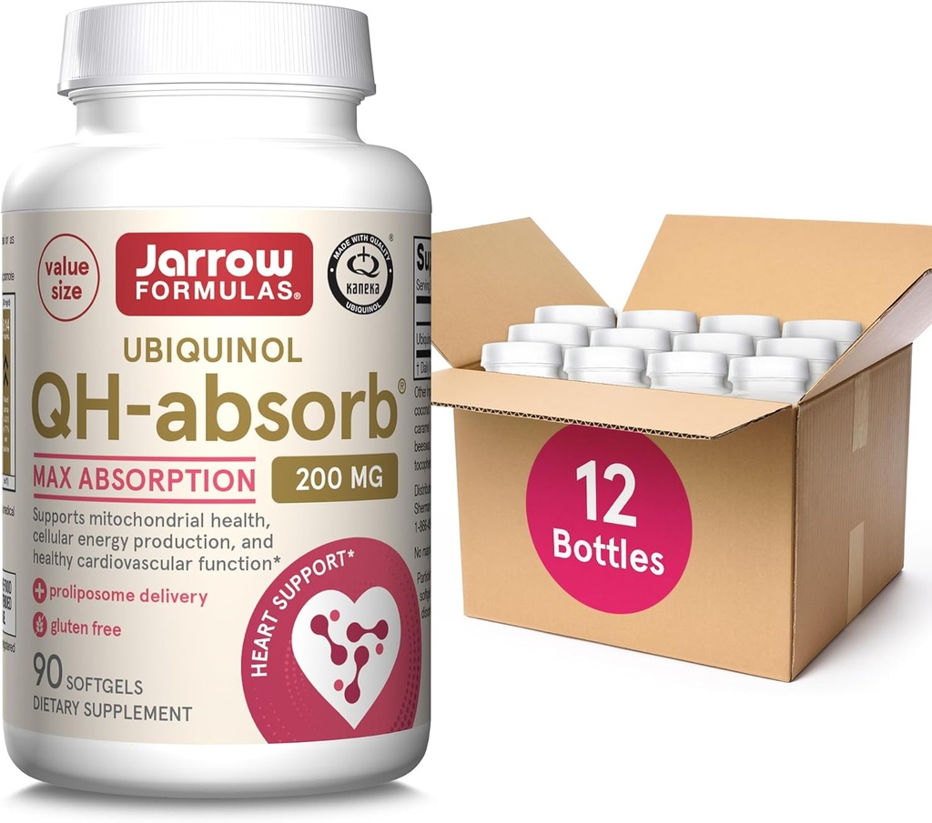 Jarrow Formulas QH-Absorb Ubiquinol 200 mg, Supplemento dietetico, Supporto per la salute mitocondriale e la funzione cardiovascolare sana, 90 Softgels, fino a una fornitura di 90 giorni (pacchetto di 12)