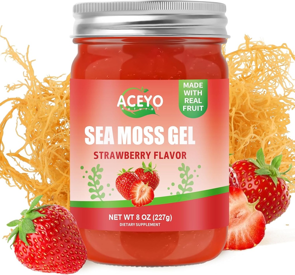 (8 OZ) Natural Sea Moss Gel Raw Strawberry Flavor Irish Seamoss Gel Vegan Women Men 102 Vitamine e Minerali Wild Harvested Non-GMO Immune Defense Booster Lung Thyroid supporto digestivo
