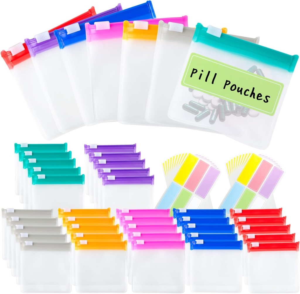 Pill Pouch Bags Reusable Travel Pill Pouches mit Labels Set 35 Stück Pill Baggies Daily Medicine Pill Organizer Small Medicine Bag Self Seal Plastic Pill Packets mit Slide Lock (7 Farben)