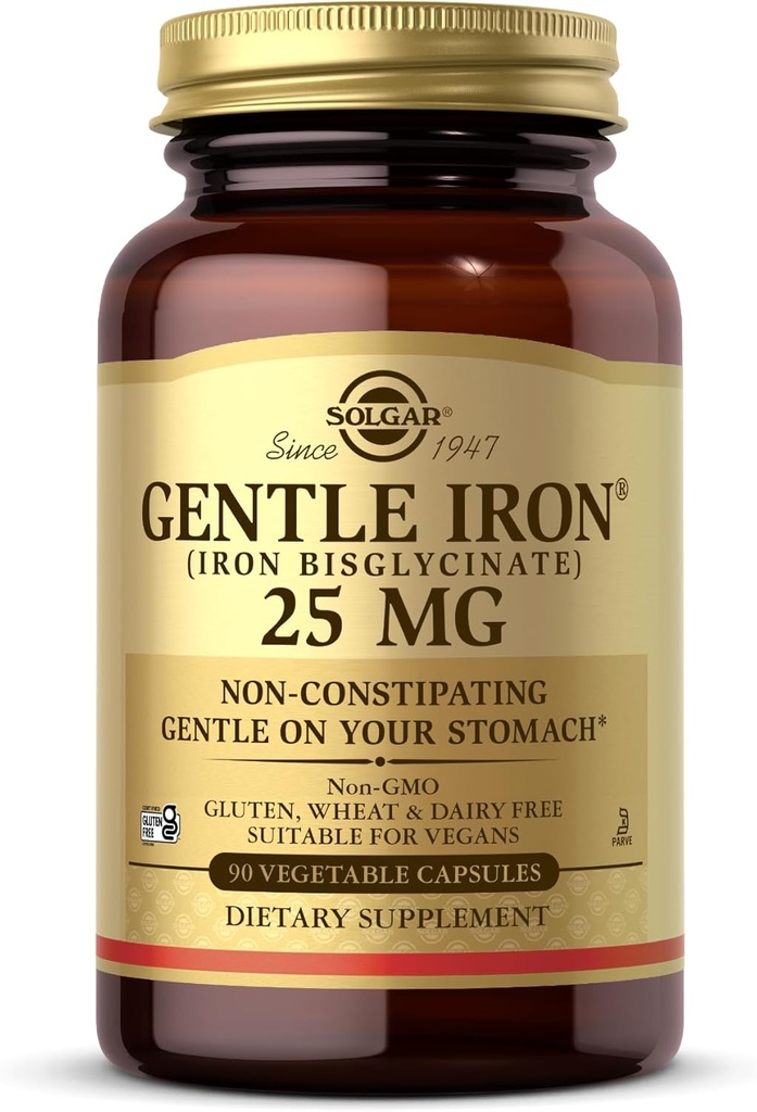 Solgar en fer doux (bisglycinate d'iro) 25 mg - 90 Capsules végétales - Non constipant, doux à l'estomac - Sans gluten - 90 portions