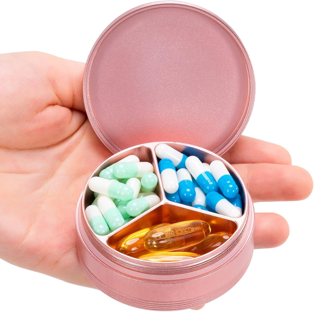 Metal Travel Pill Box 3 Compartiment - Petit contenant de pilule imperméable Portable Daily Pill Case Pink Pocket Purse Medicine Organisateur de médicaments Vitamines Huiles de poisson