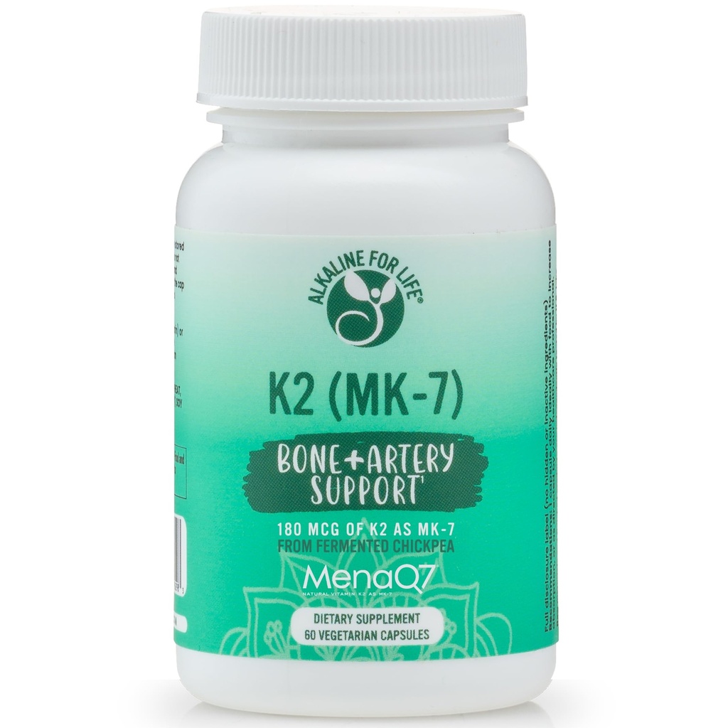 Alcaline pour la vie Vitamine K comme MK-7.0 Vitamine naturelle K2 de pois chiches fermentés MENAQ7 180 mcg.0.0 par jour 60 jours d'approvisionnement soutient la santé osseuse et cardiaque.
