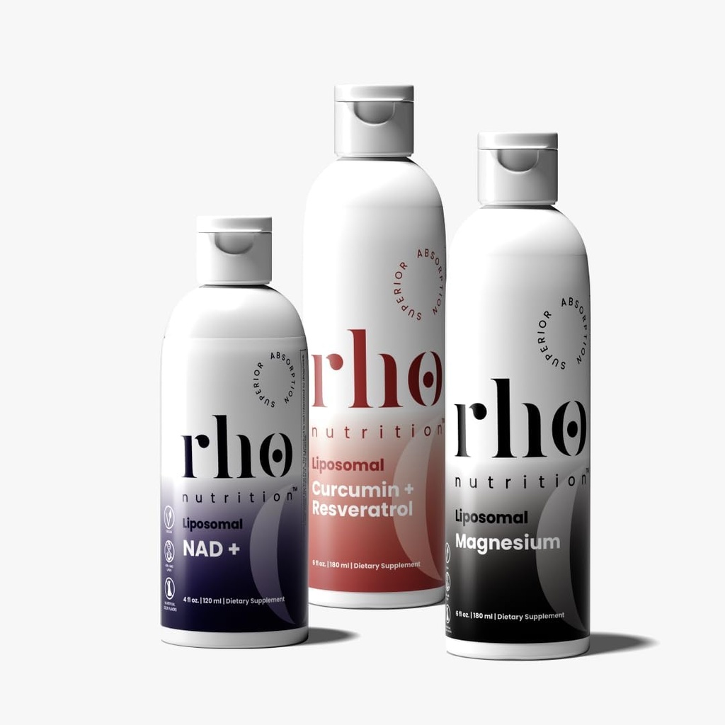 Rho Daily Essentials Wellness Bundle - Starten Sie Ihren Tag, Recover im Nachmittag, und Dekompress bei Nacht mit hohen Absorption Liposomal Ergänzungen – NAD+, Curcumin + Resveratrol, & Magnesium (3 Pack)