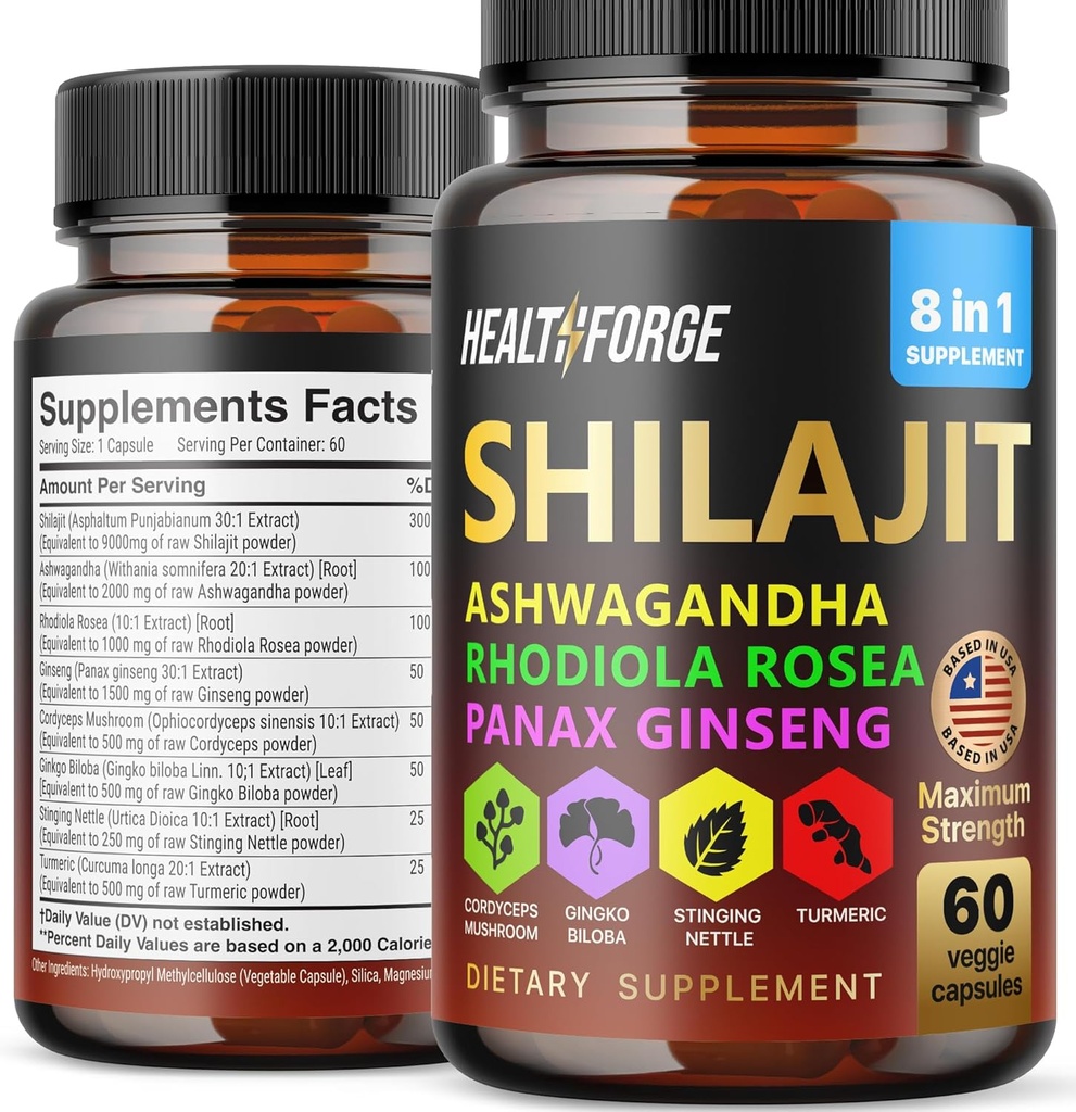 Shilajit Capsules Organic Extract Blend 60 Kapseln für Männer und Frauen - Shilajit Supplement 9000mg Ashwagandha, Immununterstützung Supplement 2000mg Rhodiola Supplement, Ginko Ginkgo Biloba