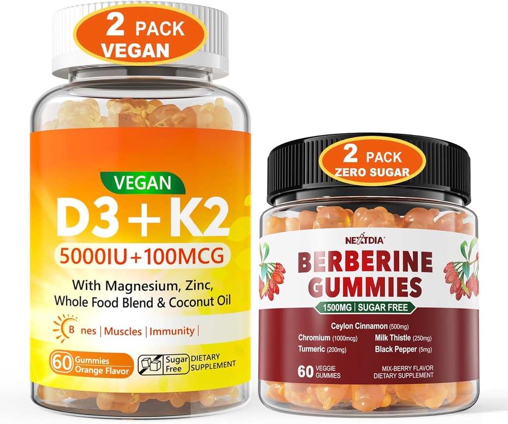 2Pack Vegan Vitamin D3 5000IU K2 Gummies+ 2Pack Berberine Supplement 1500mg Gummies