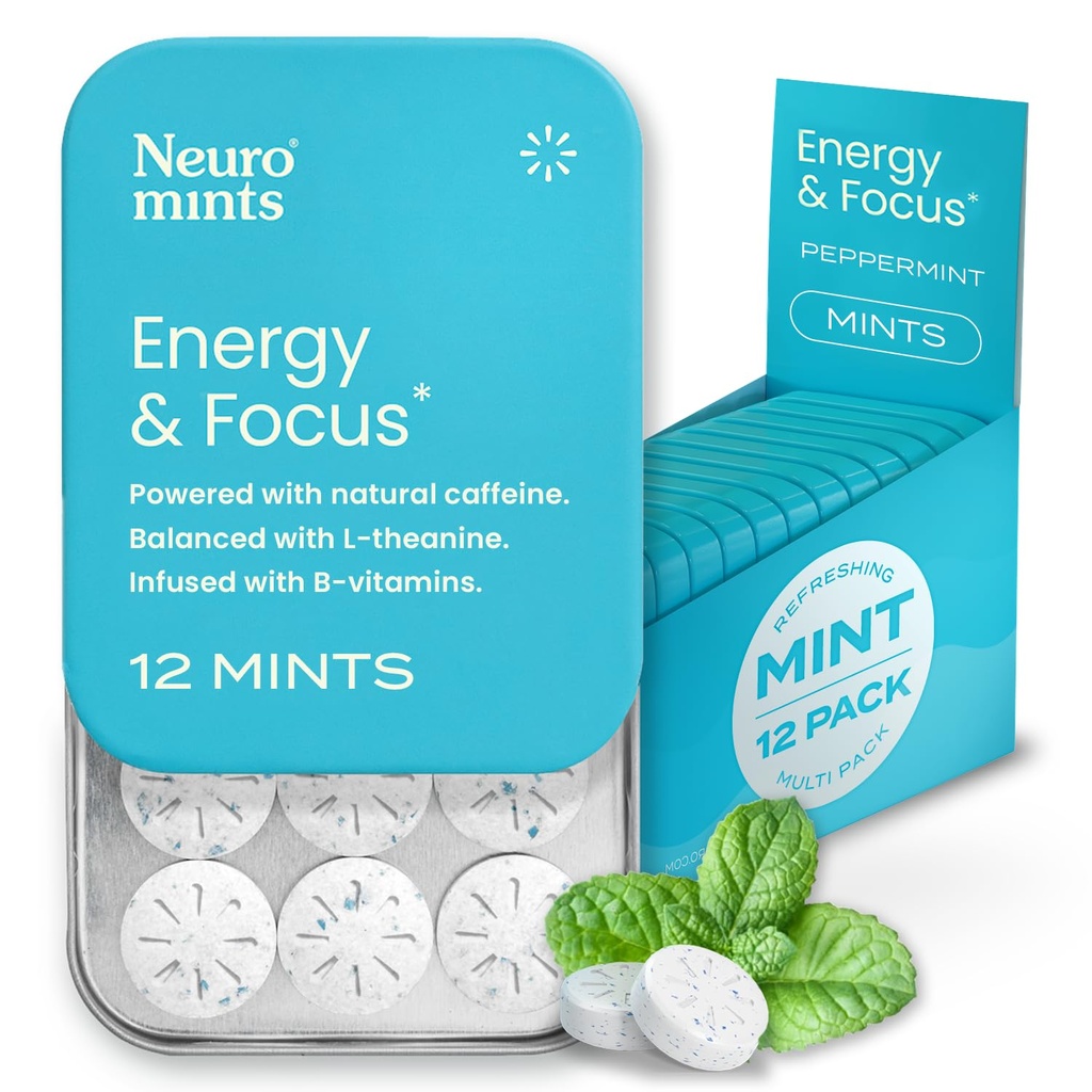 NeuroGum Energy Menthes de caféine (144 pièces) - Sans sucre avec L-théanine + Caféine naturelle + Vitamine B12 & B6 - Nootropic Energy & Focus Supplément pour les femmes et les hommes - Keto & Vegan, Peppermint Flavor