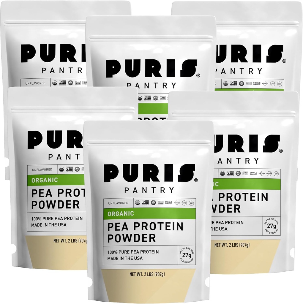 PURIS Organic Pea Protein Powder – USDA Organic Vegan Protein | 27g Plant Protein Per Serve | Non-GMO Gluten-Free Soy-Free | Clean Label | Sapore liscio | 2 lb (6 Pack)