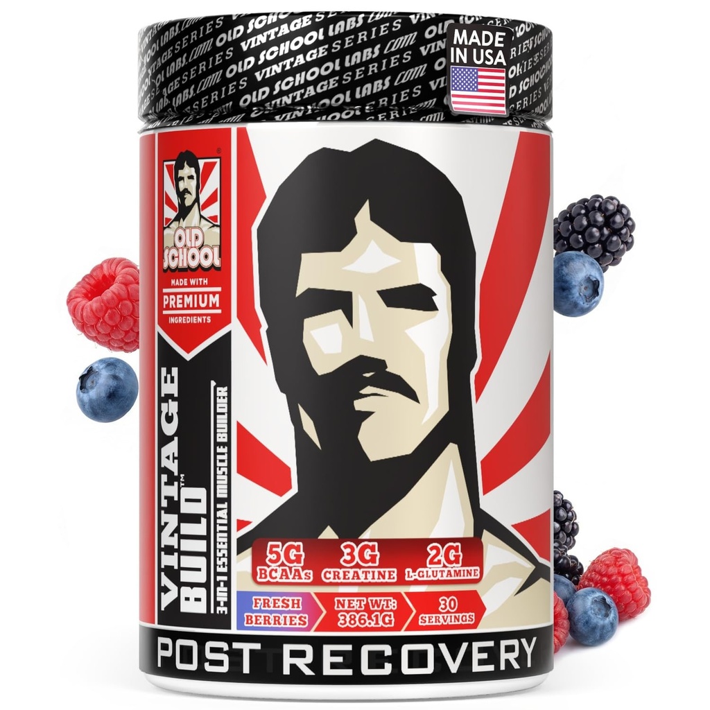 Old School Labs Jahrgang bauen Post-Workout-Recovery-Pulver-Getränk mit BCAAs, Kreatin & L-Glutamin, um Muskel-Recovery & Stärke für Männer & Frauen zu unterstützen – Frische Beeren, 30 Servierungen