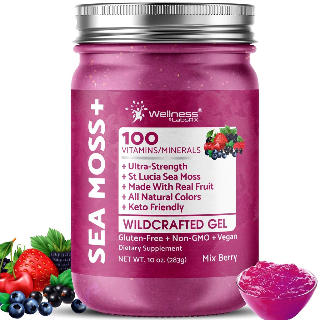 WELLNESS LABSRX Irish Sea Moss Gel Raw - Wildcrafted Superfood Seamoss Gel - Mix Berry Flavor, Vitamin und Mineral-Rich aus Pristine Caribbean Waters, Immune and Digestive Health Support - 10 Unzen.