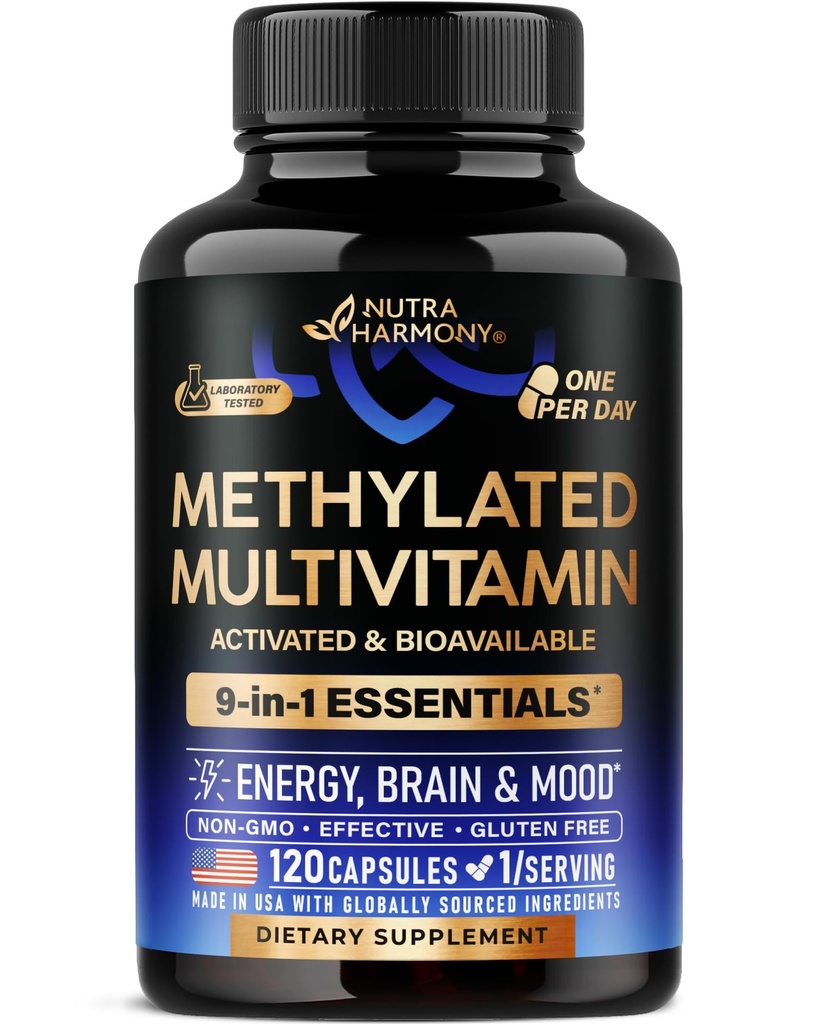 Methyliertes Multivitamin - B2, B6, 5-MTHF & B12 | Antioxidantien C & E | Vitamin D3 & K2 - für Männer und Frauen - 9-in-1 MTHFR Ergänzung mit TMG - Energy, Brain & Mood - Vegan - Made in USA - 120 Kapseln