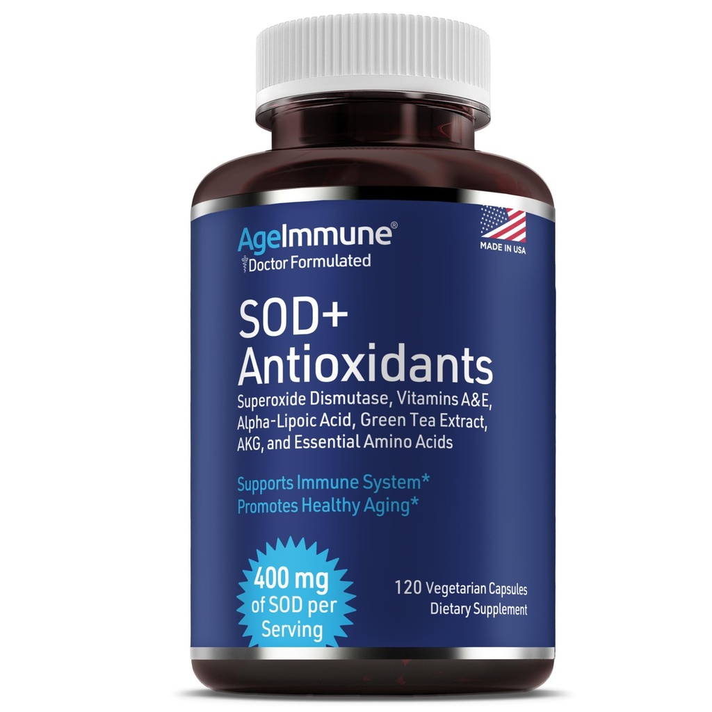 SOD Antioxidantien Complex Healthy Aging Supplement - 400mg Superoxid Dismutase - Alpha Lipoic Acid - Grüner Teeextrakt - L-Arginin - Lysin - AKG - Vitamine A und E für Immununterstützung-120 Kapseln