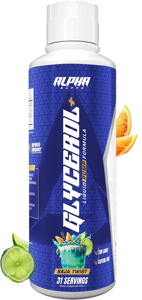 Alpha Supps Glycerol+ Flüssigkeitspumpe Formel - Stim-Free flüssiges Glycerin und Citrulline High-Performance-Ergänzung für Enhanced Muskelpumpen, Hydration, & Endurance (31 Servietten, Baja Twist)