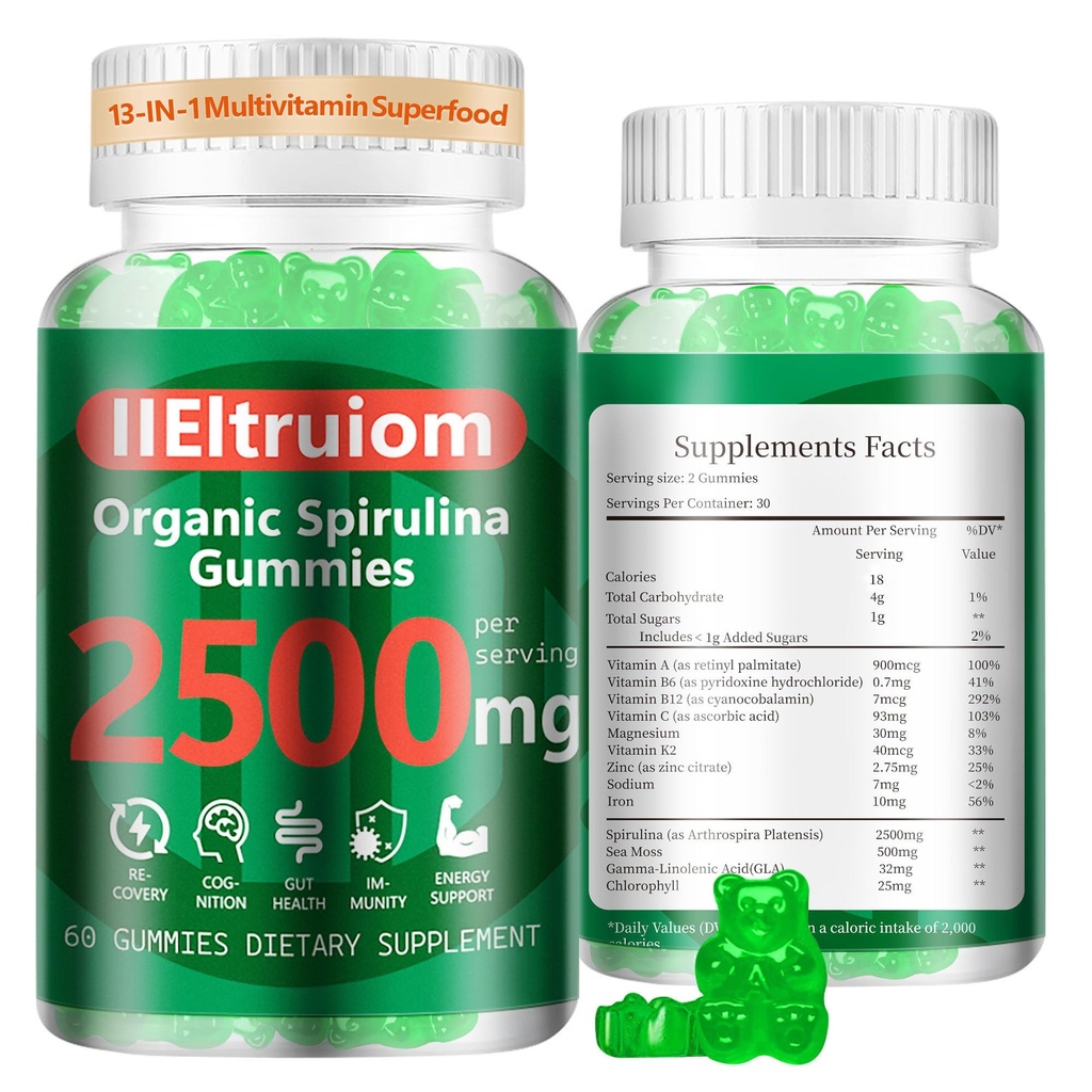 Bio Blue Spirulina Chlorella Gummi, 13-in-1 Super Greens & Superfoods, Spirulina 2500mg Enhanced Daily Energy with Sea Moss, Chlorophyll, GLA, Gluten Free, 60 Vegan Gummies
