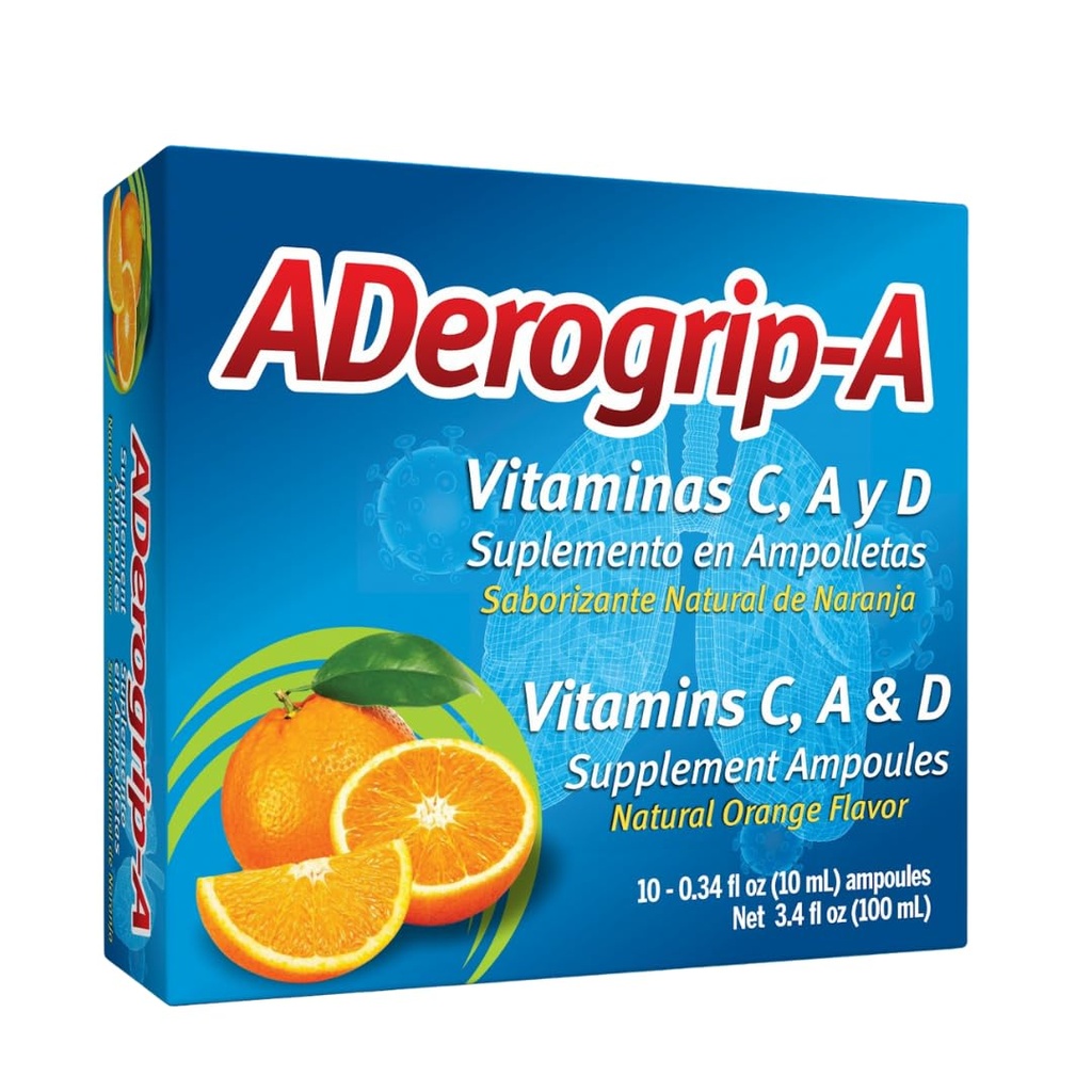 Aderogripa Immununterstützung Vitamine C, A & D | Flüssige Ergänzung | 10 Natürliche Orange Geschmack Ampullen | Boost Ihr Immunsystem | Box von 10 x 10ml Ampullen | Suplemento en Ampolletas