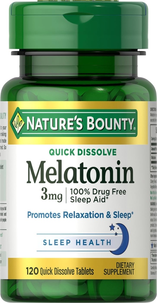 La Bounty Melatonin della natura, promuove il rilassamento e il sonno, 100% Droghe sonno gratuito, 3 mg, 120 compresse dissolve rapido