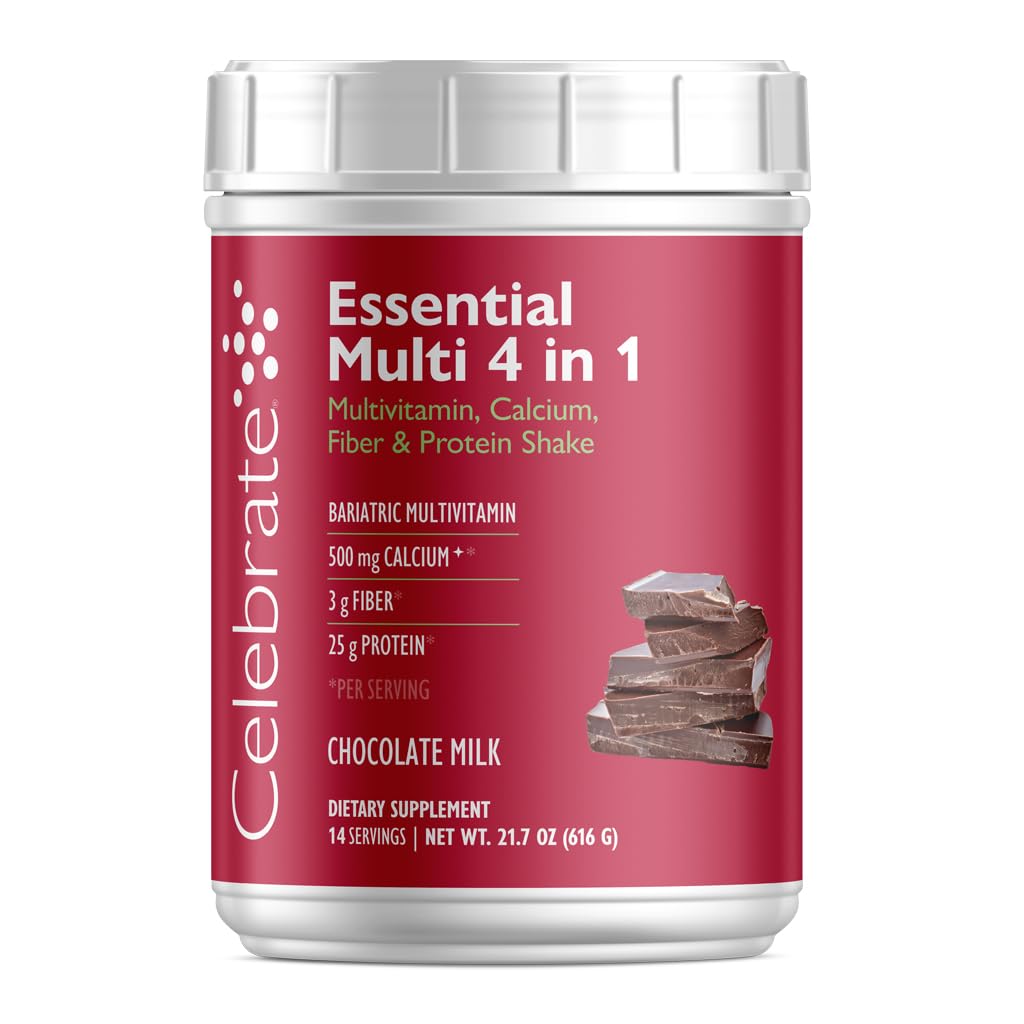 Celebrate Vitamine Essential Multi 4-in-1 Powder - Bariatric Multivitamin, 500mg Calcium, 4g Fiber, 25g Protein Shake Mix - Schokoladenmilch (14 Servierungen)