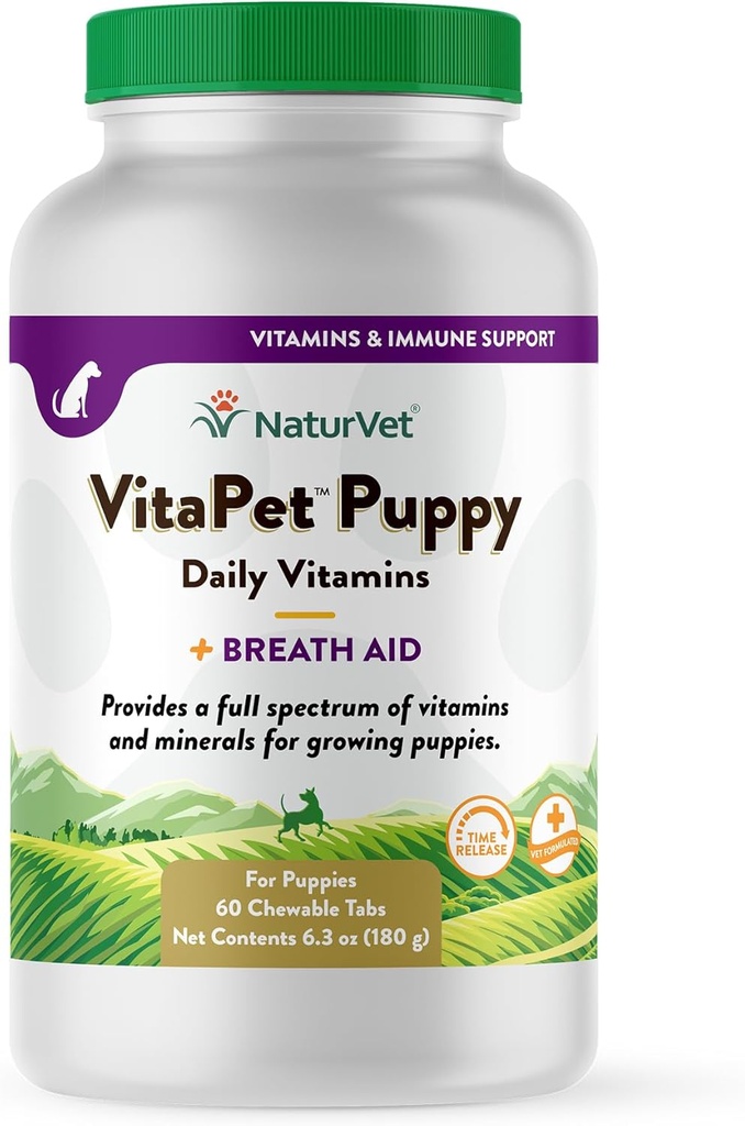 NaturVet VitaPet Puppy Daily Vitamines Plus Breath Aid pour les chiots, 60 ct Time Release, comprimés à croquer, fabriqués aux États-Unis avec des ingrédients à la source mondiale