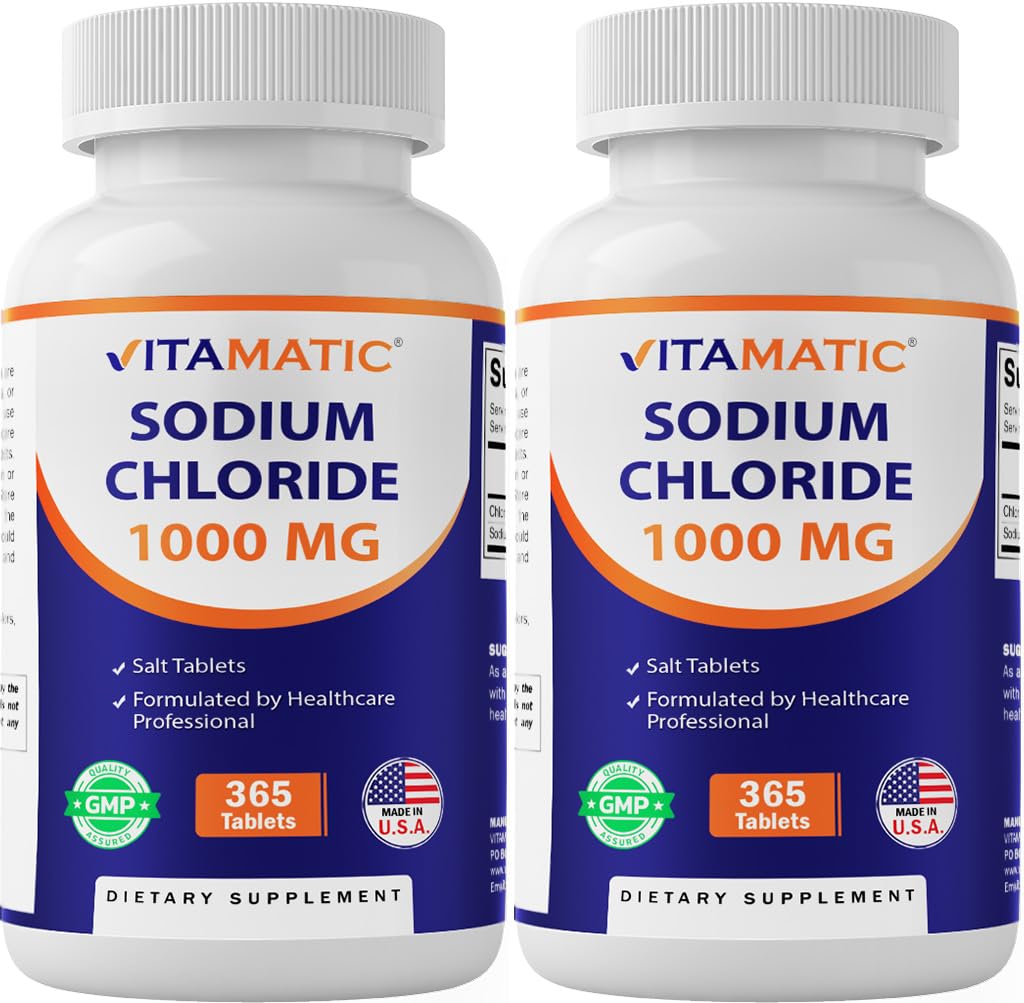 Vitamatic Sodium Chloride 1000mg – 365 Tabletten -2 Flaschen Elektrolyt Replenisher & Hydration Support – Non-GMO, Gluten-Free
