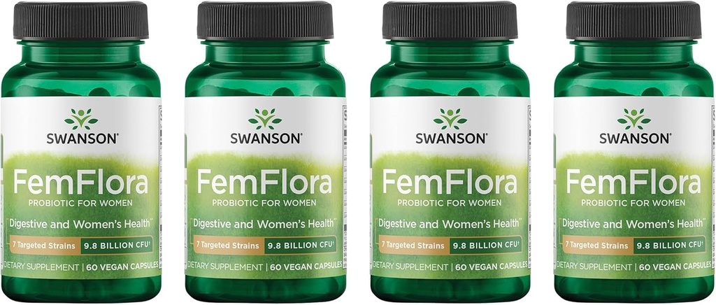 Swanson FemFlora - Supplément probiotique féminin soutenant la flore de la bouche, du tube digestif et de la vagina - Probiotiques pour les femmes avec 9 Million CFU par gélule - (60 Capsules) (4 Pack)