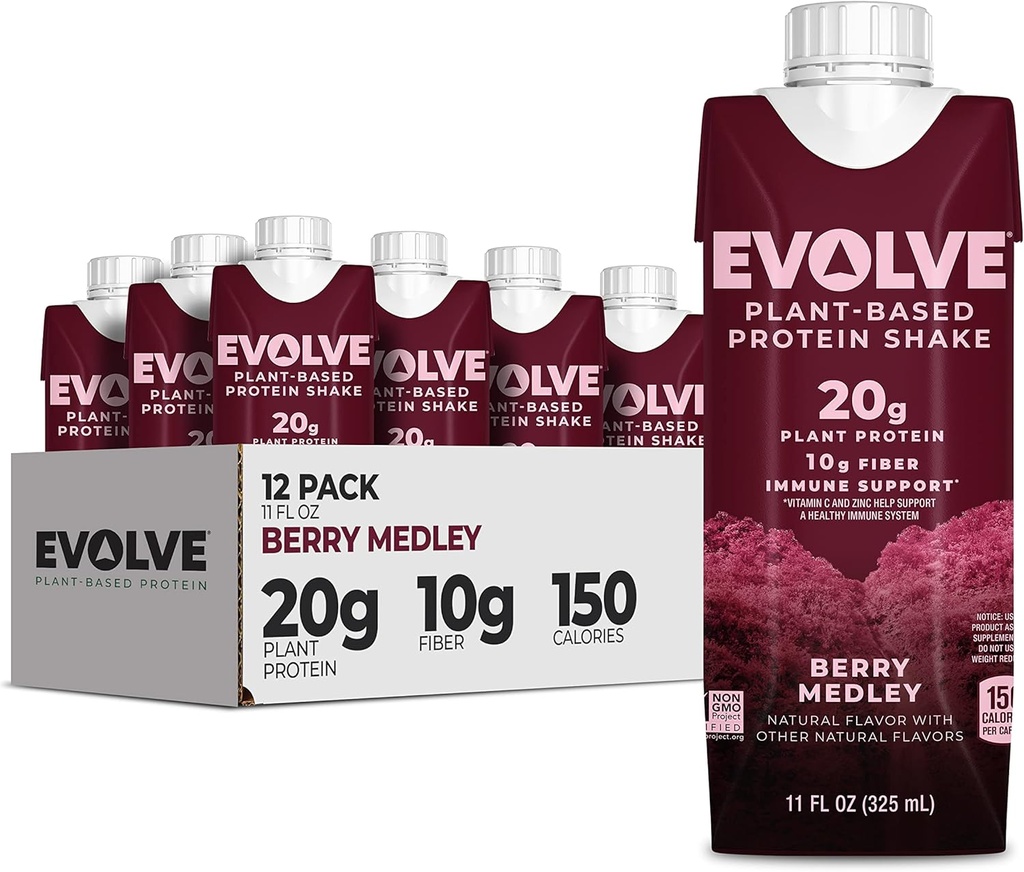 Evolve Plant Based Protein Shake, Berry Medley, 20g Vegan Protein, Supporto Immune, Vitamina C & Zinc, Dairy Free, No Artificial Sweeteners, Non-GMO, 10g Fiber, 11oz, (12 Pack) (Formula May Vary)