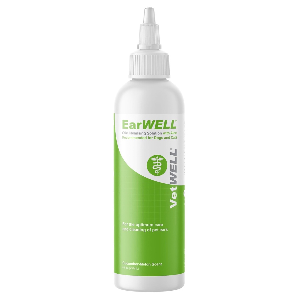 VetWELL Ear Cleaner per cani e gatti - Otic Rinse per infezioni e controllo dell'orecchio infezioni e odori in animali - 8 once (Cucumber Melon)
