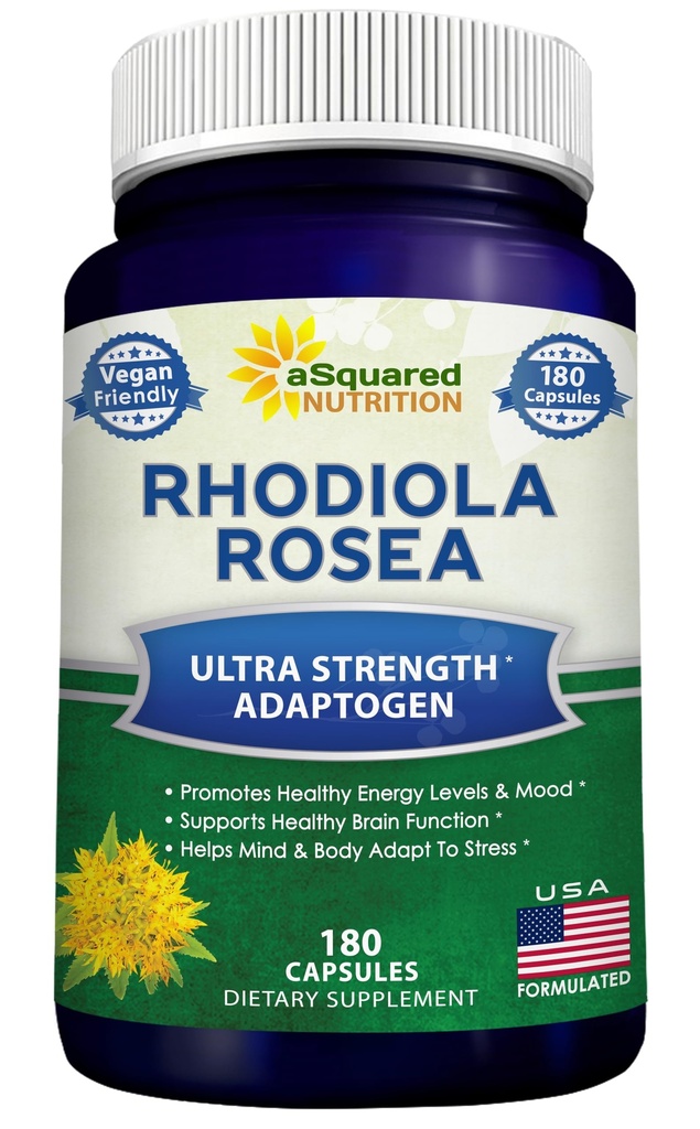 aSquared Nutrition Supplément Rhodiola Rosea 1000mg - 180 Capsules Vegan - Max Strength Pinces d'extrait de racine Rhodiola améliorent l'énergie pure, la fonction cérébrale et le soulagement du stress - comprimés de poudre d'herbe de racine dorée