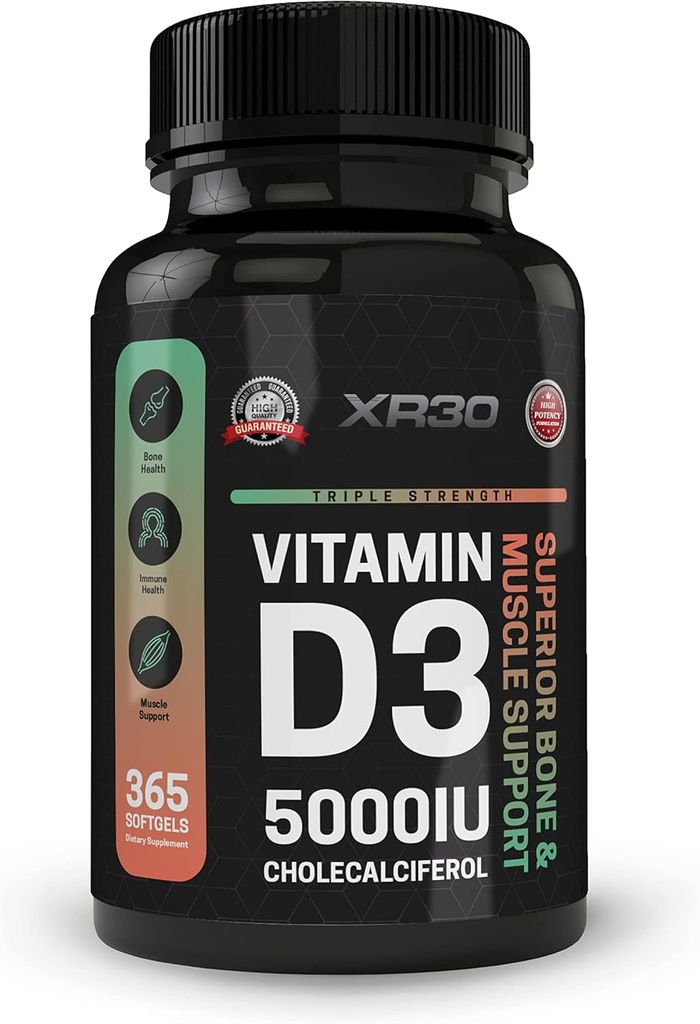 Vitamina D3 5000IU Cholecalciferol - Superior Bone & Muscle Support - 365 Softgels - Made in Italy