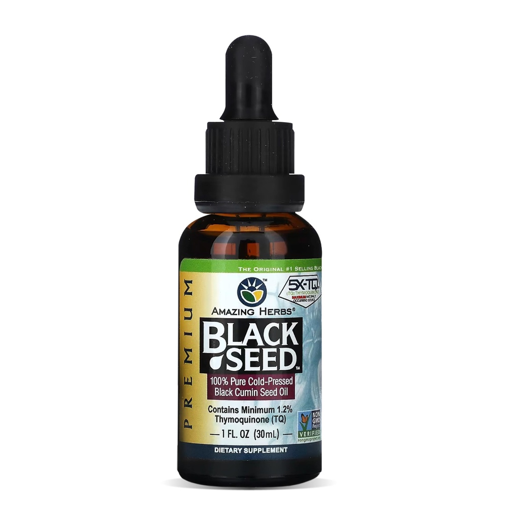 Amazing Herbs Premium Huile de Graine Noire - Nigella Sativa pressée froide aide à la santé digestive, le soutien immunitaire, la fonction cérébrale, la mobilité articulaire, sans gluten, non OGM - 1 Fl Oz