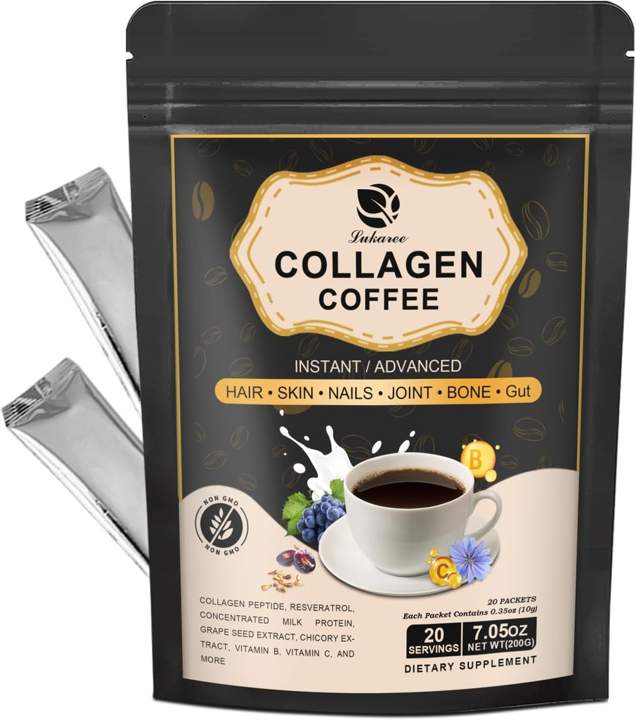 Lukaree Collagen Kaffee mit Vitamin B7, B9, Instant Collagen Peptidpulver mit Reseratrol, Vitamin C, Carnosin für Haar, Haut, Nägel, Knochen