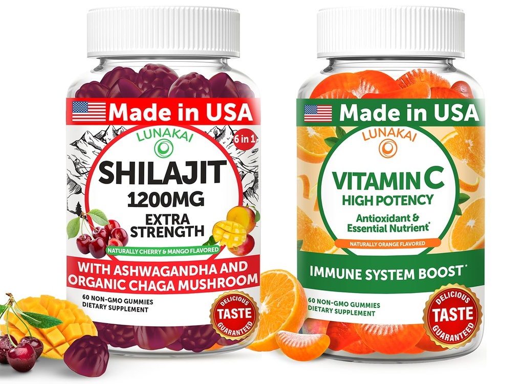 Lunakai USA Made Shilajit & Vitamin C High Potency Gummis Bundle – Energie- und Immununterstützung – Non-GMO & Delicious