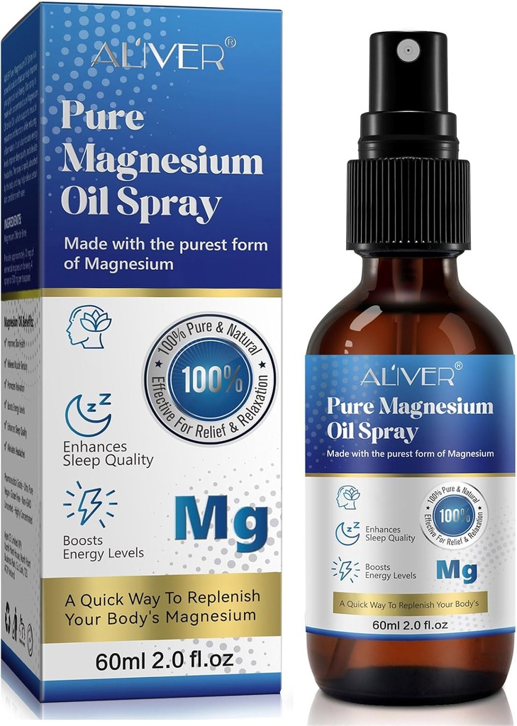 Huile de magnésium pour pieds (2 fl oz), pulvérisateur d'huile de magnésium pur, bouteille de verre de spray de magnésium topique, Nourriture de la peau, Unclog Pores, Facile à utiliser