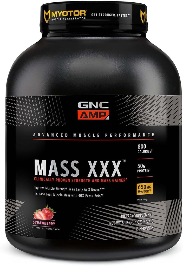 GNC AMP Maß XXX, Clinical Proven Weight Gainer Protein Powder, verbessert Stärke und Größe, 780 Kalorien, 50g Protein, Micronized Amino Acids, Kreatin, Betaine, Erdbeere, 13 Servierungen, 6 Pfund